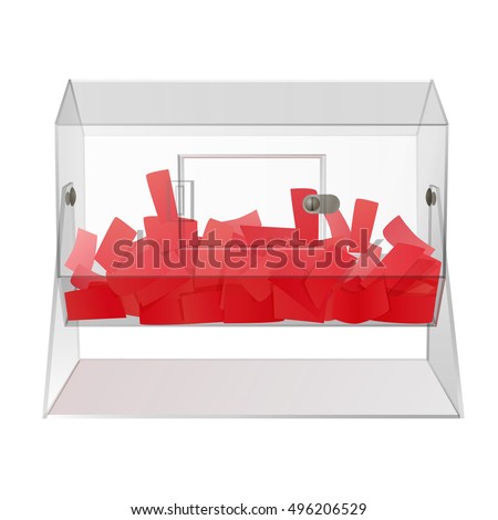 casino clear see through acrylic raffle turning drum with red paper tickets isolated on white background. vector illustration