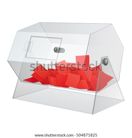clear see through acrylic raffle turning drum with red paper tickets isolated on white background. vector illustration