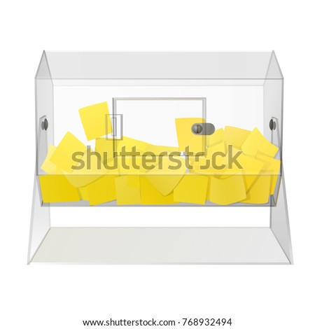 clear see through acrylic raffle turning drum with yellow paper tickets isolated on white background. vector illustration with transparent glass for light backgrounds