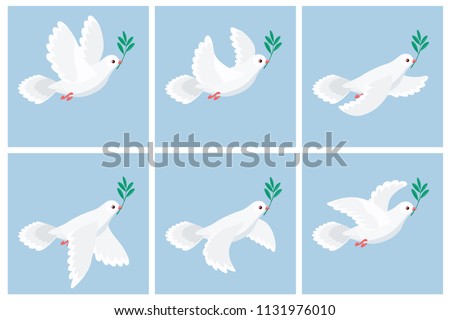 
Vector illustration of flying white dove holding olive branch. Sprite sheet with blue frames. Can be used for GIF animation 