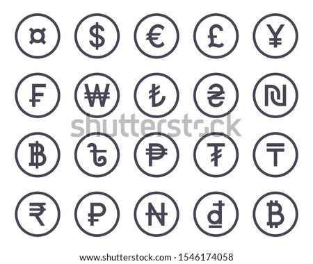 Currency symbol monochrome icons collection set isolated on white background. Vector illustration 