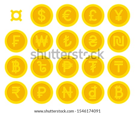 Golden yellow coins with popular currency symbols collection set isolated on white background. Vector illustration 