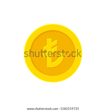 Turkish Lira golden coin. Flat icon isolated on white background. Vector illustration 