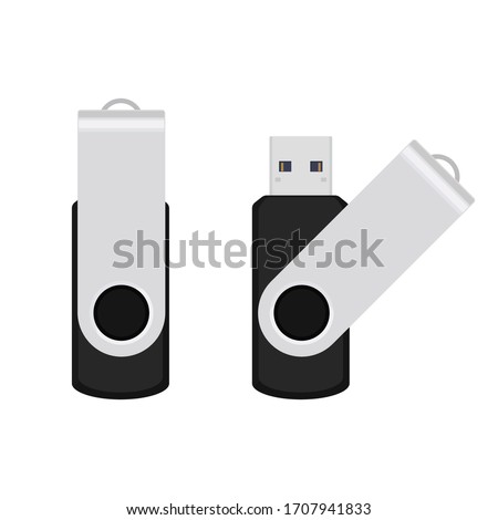 Black USB flash drive with twist and turn metal clip. Simple flat vector illustration isolated on white background 