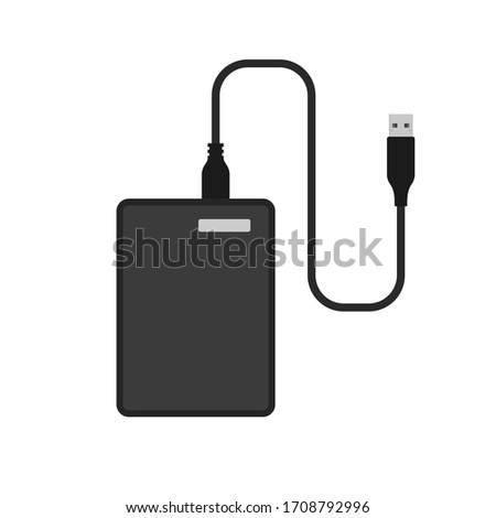 External hard disk drive with USB cable. Simple flat vector illustration isolated on white background 