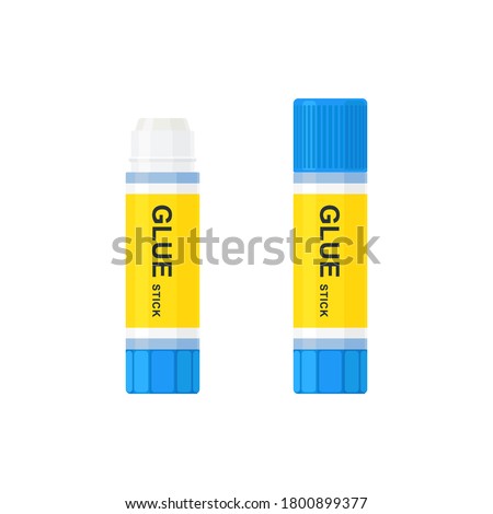 Glue stick with lid open and closed. School and office supplies collection. Flat vector illustration isolated on background 