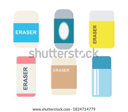 Set of erasers with wrapping sliding sleeve. School and office supplies collection. Flat vector illustration isolated on white background 