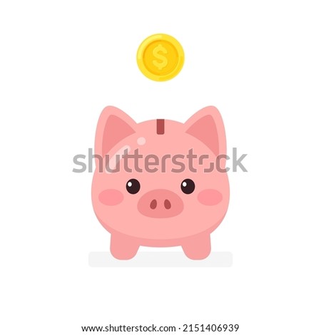 Cute kawaii piggy bank front view icon. Flat vector illustration isolated on white background. Saving money, investment, economy, banking concept. For infographics, web, app, game interface 