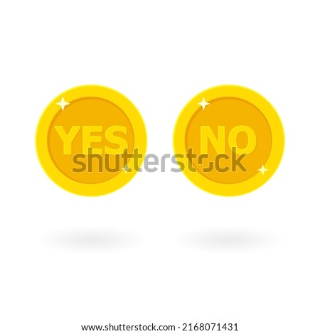 Cartoon golden coin with Yes and No two faces. Vector illustration isolated on white background. Making decision, lucky gambling coin, random choice, chance, destiny concept. For web, app, game ui 