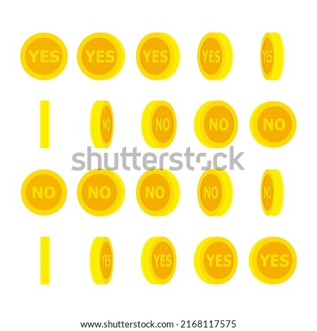 Cartoon golden coin rotating with Yes and No words. Vector sprite sheet isolated on white background. Making decision, lucky gambling coin, random choice, chance, destiny concept. For animation 