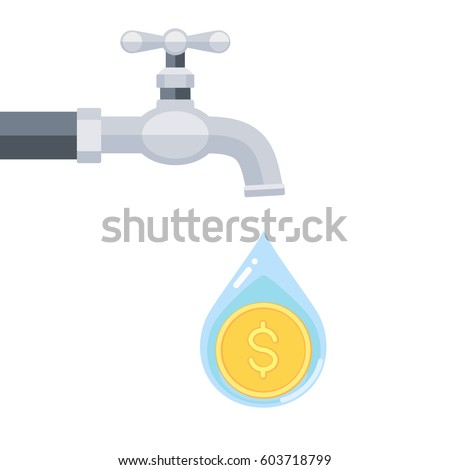 Vector illustration of water tap with coin inside water drop isolated on white background