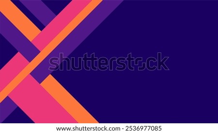 A vibrant abstract background featuring intersecting diagonal lines in bold colors of pink, orange, and purple against a deep navy blue background. 