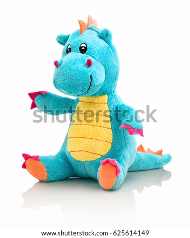 Dragon plushie doll isolated on white background with shadow reflection. Dragon plush stuffed puppet on white backdrop. Dino plushie toy. Aqua color stuffed dinosaur toy. Lizard toy sitting on white Сток-фото © 