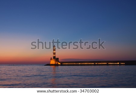 Hania lighthouse at dusk. Crete, Greece.