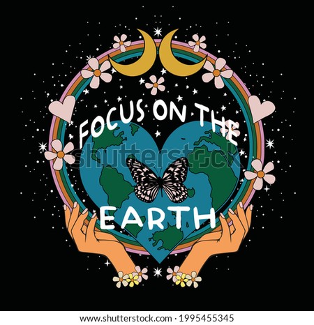 70's Retro groovy slogan print flowers, stars, women hands and heart planet earth - Hipster graphic vector pattern for tee - t shirt and sweatshirt