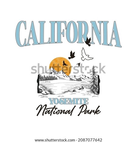 Vintage California Yosemite National park slogan print with sketch landscape view, for girls,womans graphic tee t shirt  ストックフォト © 