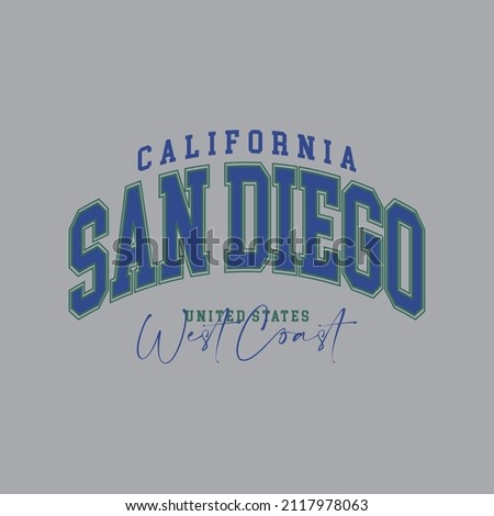 College California, Sandiego slogan typography for t-shirt. Varsity slogan print tee shirt, sport apparel print. Vintage graphics. Vector illustration.