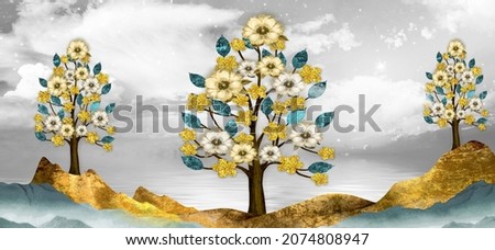 3d illustration wallpaper landscape art.
brown trees with golden flowers  and turquoise mountains in light gray background with white clouds.