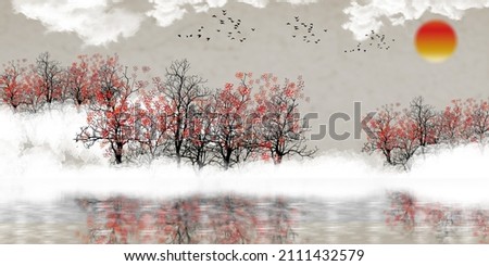 3d modern art mural landscape wallpaper with  Jungle, Lake forest background. black christmas tree , sun with birds . Suitable for use as a frame on walls .	
