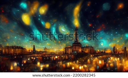 drawing digital art. galaxy northern lights over Paris city, cinematic lighting, van Gogh and Klimt style. 3d colorful background
