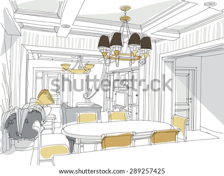 Contemporary interior living room doodles in neo-classical style.