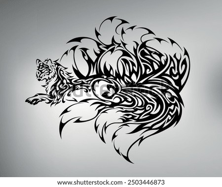 hand drawn, not AI. Nine-tailed fox tribal tattoo design. vector drawing of a fox with beautiful fluffy tails. fox logo