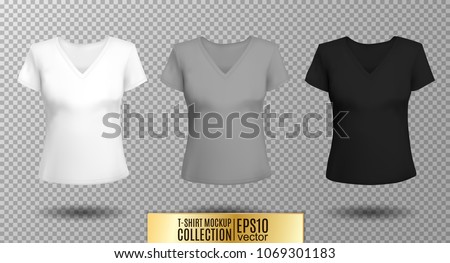 Women's black t-shirt with short sleeve and V-neck in front and back views. Vector template. Fully editable handmade mesh. White gray black