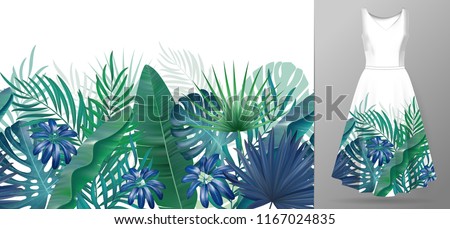 Hand drawn realistic branches and leaves of tropical plants. Vivid line horizontal leaves pattern. Green blue seamless border on dress mockup.