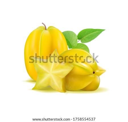 Karambola (star fruit) with slices and leaves on a white background. Realistic vector illustration, 3d Сток-фото © 