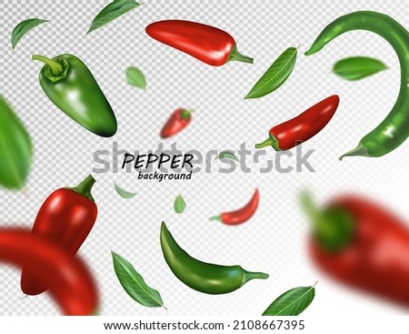 Many red and green chili peppers free falling on transparent background. Realistic vector, 3d illustration