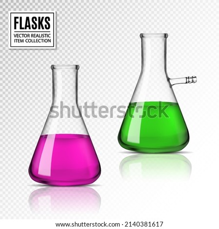 Vector transparent glass chemical flasks full off green and rose color liquid. Beakers isolated on transparent background