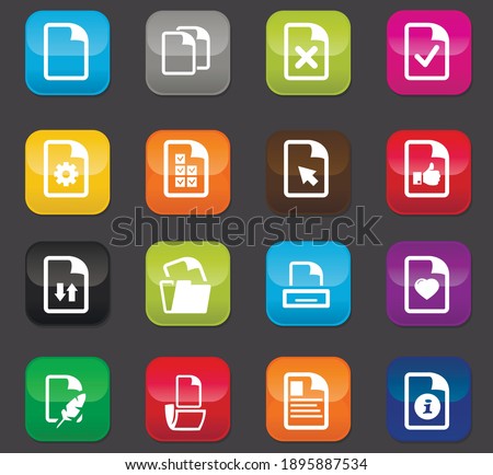 Documents icon set for web sites and user interface. Colored buttons on a dark background