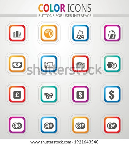 Currency exchange vector flat button icons with colored outline and shadow