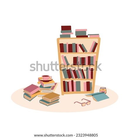 Vector hand drawn illustration of stack of books, bookshelf, reading glasses.  Book lover  reading nook illustration.