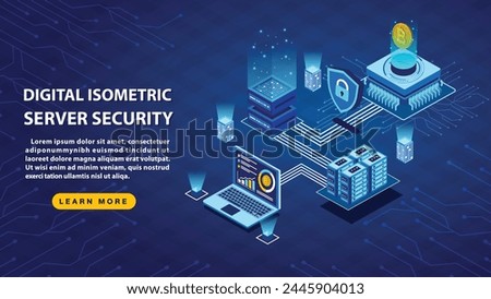 Digital isometric server security and digital Crypto Mining technology on blue background, Crypto currency mining concept dollar coin, Blockchain Farm composition.