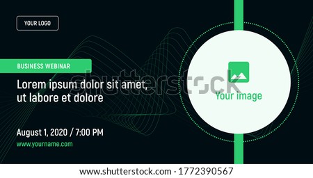 Business webinar with image and contact data on a dark background. Green vector template for webinar, conference, e-mail, flyer, meetup, party, event, web header