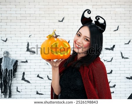 Similar – Image, Stock Photo Woman dressed in red using the mobile on a blue background. Concept of using the mobile. Blue background.