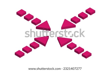 Set of pink isometric arrows in dotted line style isolated on white. Flat design.