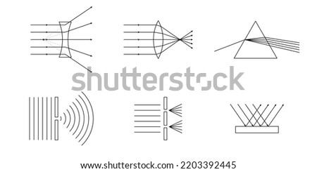 physics phenomena in life. Geometrical optics. Reflection of light. Dispersion of light. Wave interference. Wave diffraction. Vector illustration isolated on white background.