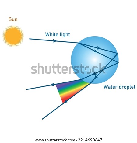 Ray of light falling obliquely on a droplet of water for the formation of the rainbow. Scientific vector illustration isolated on white background.