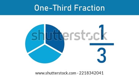 One-third fraction circle with fraction number. Fraction parts. Numerator, denominator and dividing line. Scientific vector illustration isolated on white background.