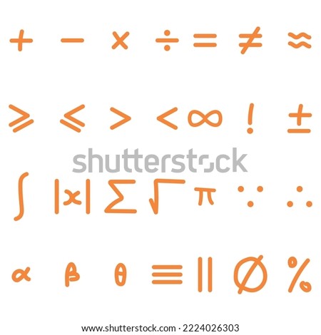 Basic symbols in mathematics. math symbol handwriting. Plus, minus, times, divide,equality, inequality, approximately equal, infinity, factorial,integral, absolute value of x, sum, square root.