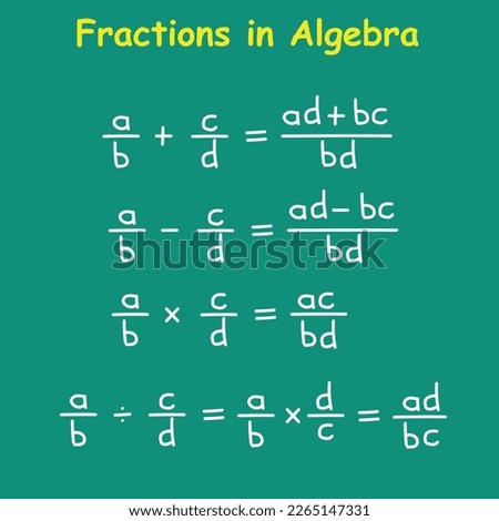 Fractions in algebra. mathematics poster. Adding, subtraction, multiplying and dividing fractions. Vector illustration isolated on chalkboard.