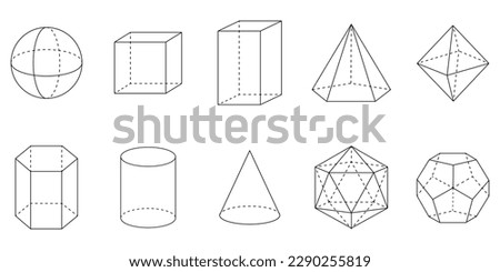 3D geometric shapes. Square, Cube, Cuboid, Pentagonal pyramid, Octahedron, Hexagonal prism, Cylinder, Cone, Icosahedron and Dodecahedron shapes. Vector illustration isolated on white background.