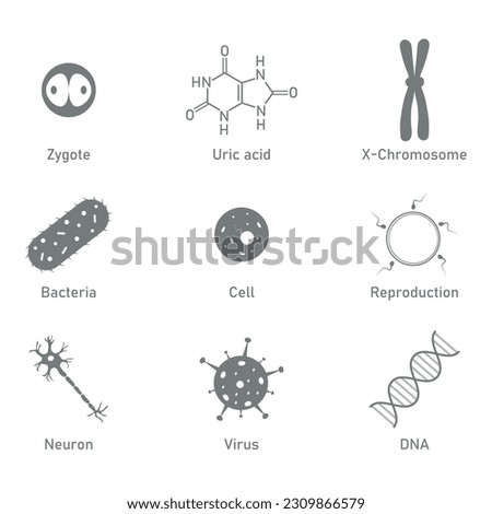 Biology science icon. Uric acid, bacteria, cell, neuron, virus, DNA, reproduction and zygote symbol. Biology resources for teachers and students.