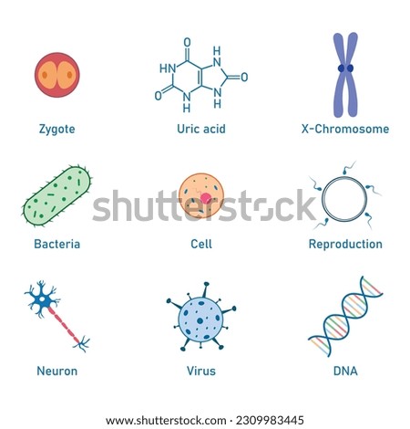 Biology science icon. Uric acid, bacteria, cell, neuron, virus, DNA, reproduction and zygote symbol. Biology resources for teachers and students.