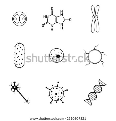 Biology science icon. Uric acid, bacteria, cell, neuron, virus, DNA, reproduction and zygote symbol. Biology resources for teachers and students.