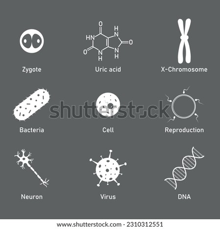 Biology science icon. Uric acid, bacteria, cell, neuron, virus, DNA, reproduction and zygote symbol. Biology resources for teachers and students.