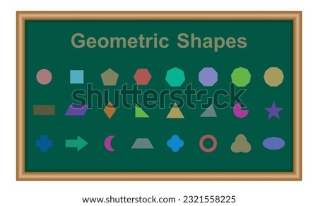 Set of 2D geometric shapes in math. Circle, square, pentagon, hexagon, heptagon, octagon,decagon, parallelogram, kite, triangle, pic, crescent, arrow, heart, quatrefoil, ring, star, cross and trefoil.