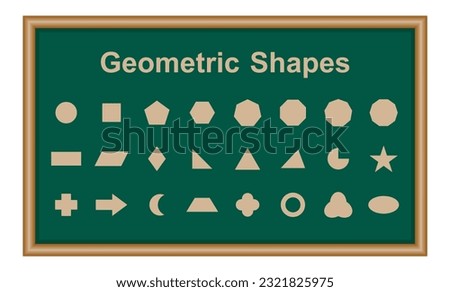 Set of 2D geometric shapes in math. Circle, square, pentagon, hexagon, heptagon, octagon,decagon, parallelogram, kite, triangle, pic, crescent, arrow, heart, quatrefoil, ring, star, cross and trefoil.